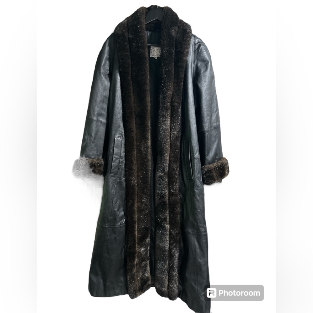 GANTOS Vintage Women’s Leather‎ & Faux Fur Trim Long Open Coat